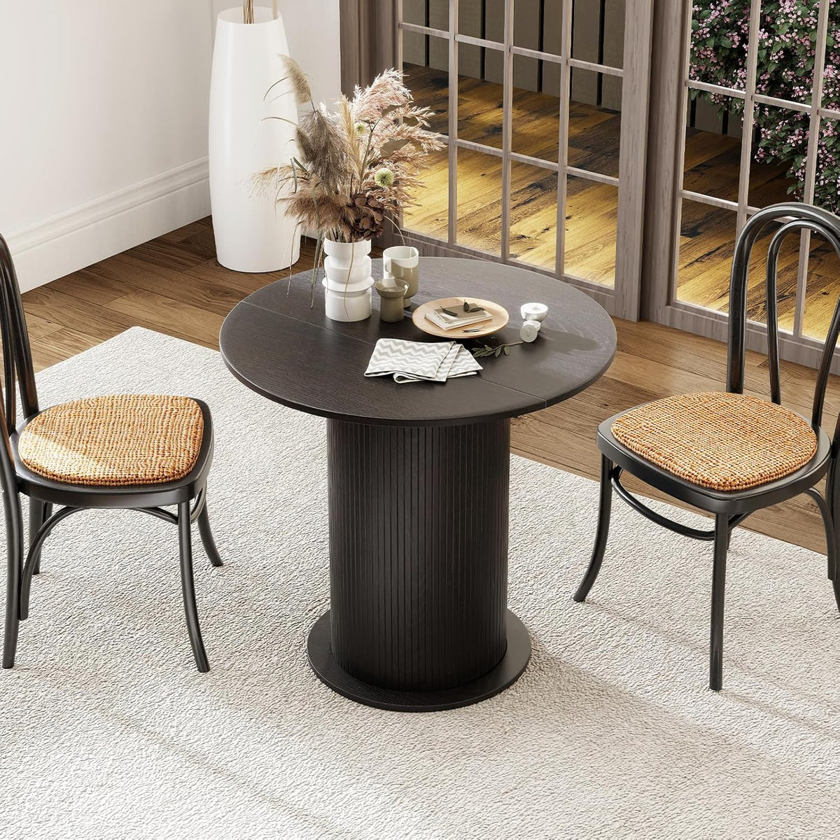 SoarFlash 31.5 Inch Round Dining Table for 2-3, Circle Farmhouse Kitchen Table with Storage Space, Wood Strip Base for Dining Room, Living Room, Lunch (Black)