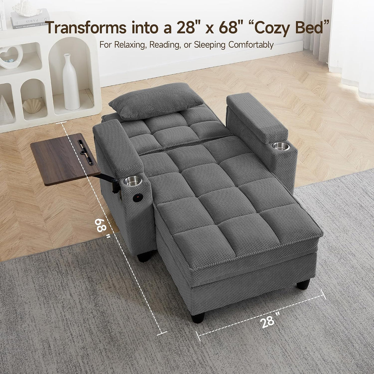 41.7" Oversized Chaise Lounge Chair Indoor, 3-in-1 Convertible Sleeper Lounger with Adjustable Backrest, Deep Seat Reading Chair with Armrest Storage, Swivel Table & Cup Holders (41.7" Dark gray)