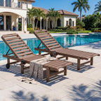 SERWALL HDPE Outdoor Chaise Lounge Set of 2 with Cup Holder & Wheels, Brown
