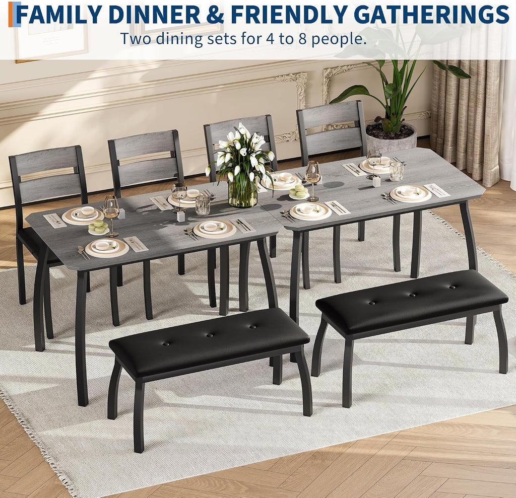 Kitchen Table Set for 4, 4-Piece Dining Table with 2 Chairs and PU Upholstered Bench - Cutting Corner Tabletop Design, Space-Saving Kitchen Furniture for Studio, Restaurant, Gray