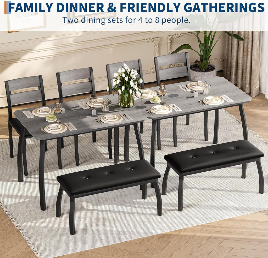 IDEALHOUSE 43'' Dining Table Set for 4, Wooden Kitchen Table with Upholstered Bench & 2 Cushion Chairs, Industrial Dinette Set for Studio, Kitchen, Dining Room, Apartment, Gray