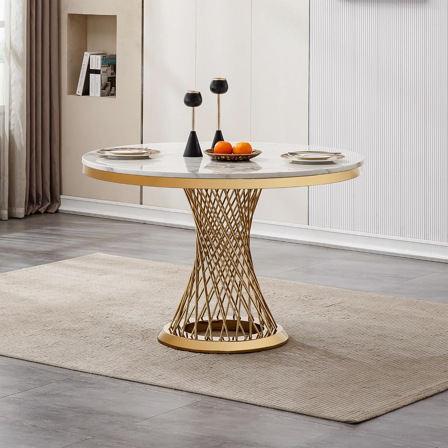 GlyphForm 47" Round Faux Marble Dining Table for 4 to 6, Luxury Modern White Kitchen Table with Gold Stainless Steel Spiral Base Frame, easy to clean Heavy Duty Dining Room Table for Home Office, MDF