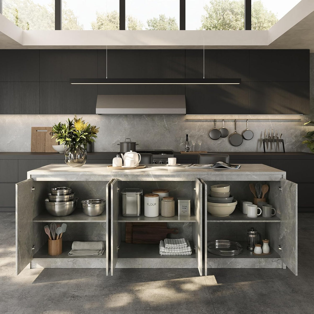 Homsee 94.5-Inch Large Kitchen Island with Storage, 6-Door Home Bar Table Kitchen Station with Seating, Wood Stationary Island Table Breakfast Counter for Dining Room, Grey with Marble Veneer