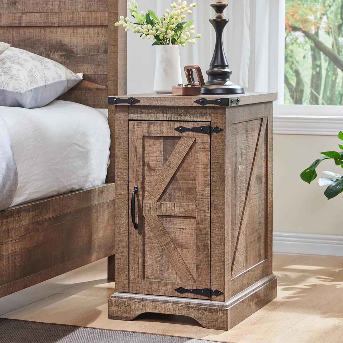 JXQTLINGMU Farmhouse Nightstand Set of 2 with Charging Station, 17"D Rectangular End Table with Barn Door & Adjustable Storage Shelf, Wood Rustic Sofa Side Table for Living Room, Bedroom, Light Brown