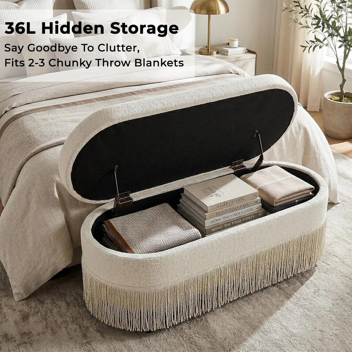 39.4“ Boho Storage Ottoman Bench with Tassels,Upholstered End of Bed Bench | Linen Oval Ottoman with Storage, Entryway Foot Rest for Bedroom, Lift-Top Lid with Safety Hinge, Living Room, Beige