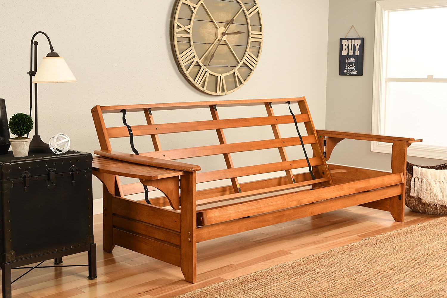 Phoenix Full Size Futon Couch with Linen Fabric Mattress Included - Wooden Frame - Solid Hardwood Construction