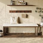 LITTLE TREE 63" Upholstered Bench, Solid Wood Entryway Shoe Bench with Cushion, Long Modern Farmhouse End of Bed Bench with Antique Brown Legs & Faux Lamb Fur Seat for Bedroom, Living Room, Dining