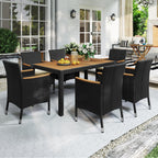 Yaheetech 7 Piece Patio Furniture Set, Outdoor Dining Acacia Wood Table Top Rattan Conversation Set with Soft Cushions, 6 Chairs & 1 Table for Backyard, Deck, Garden & Yard, Black/Beige