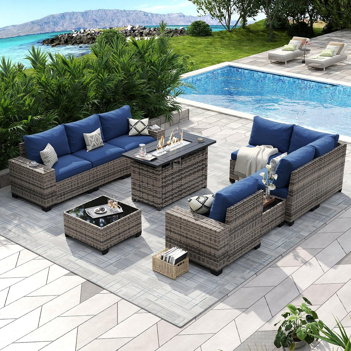 Aoxun 10-Piece Sectional Sofa with 44" Fire Pit, 4" Thicken Cushion, Widen Armrests Wicker for Backyard with Coffee Table, Blue