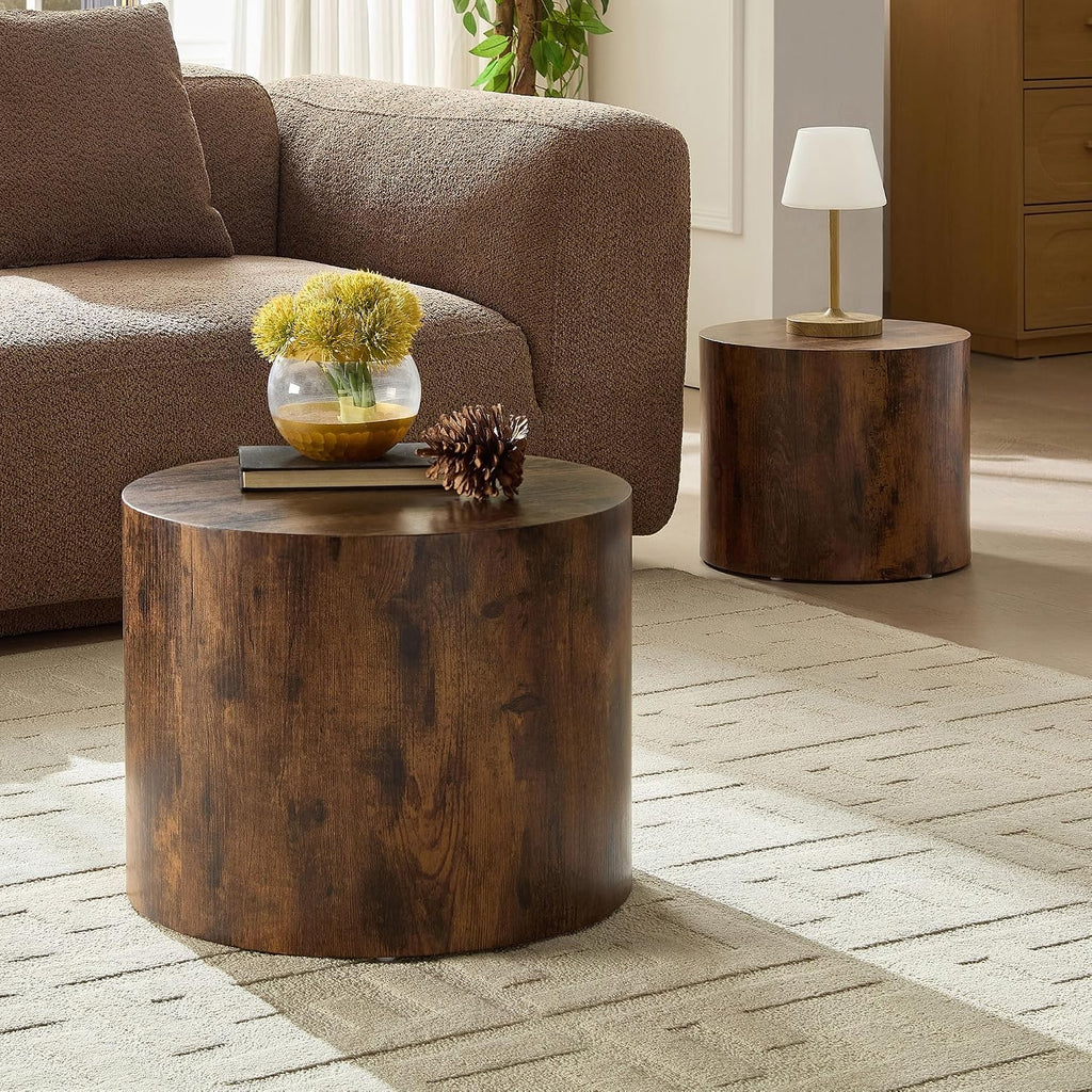 Nesting Coffee Table Set of 2, Modern Round Small Side Table Circle Accent End Table Drum Wood Center Table for Living Room Apartment Bedroom Office, No Assembly, Dark Walnut