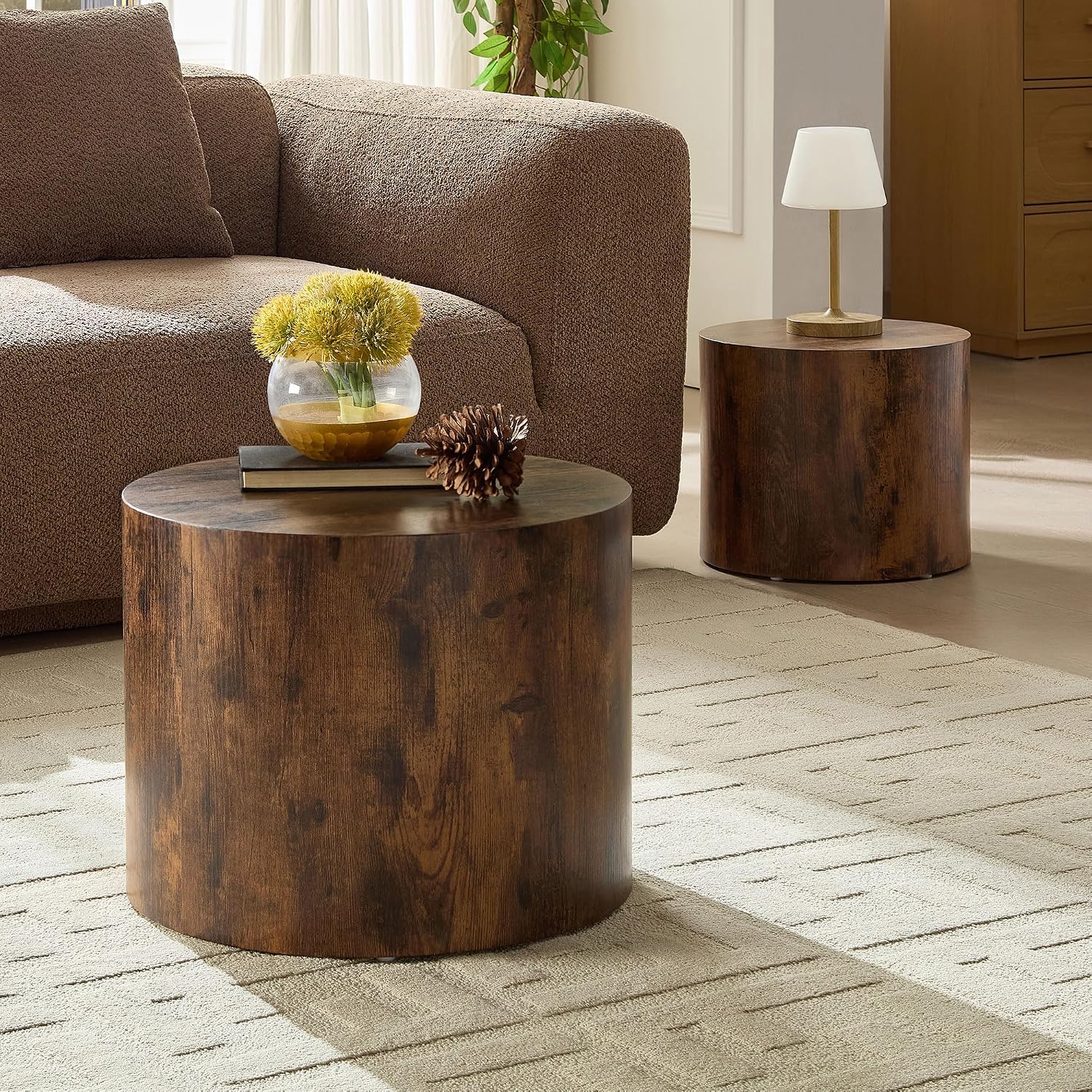 Nesting Coffee Table Set of 2, Modern Round Small Side Table Circle Accent End Table Drum Wood Center Table for Living Room Apartment Bedroom Office, No Assembly, Dark Walnut
