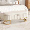 Storage Ottoman Bench, 45" Velvet End of Bed Bench Bedroom Bench with Golden Metal Legs, Upholstered Storage Bench for Bedroom Living Room Entryway and Window, Beige