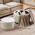 28 Inch Round Storage Ottoman with Wheels Set of 2, Multifunctional Coffee Table Ottoman with Removable Solid Wood Lid, Modern Circle Ottoman Foot Rest for Living Room, Bedroom, Beige