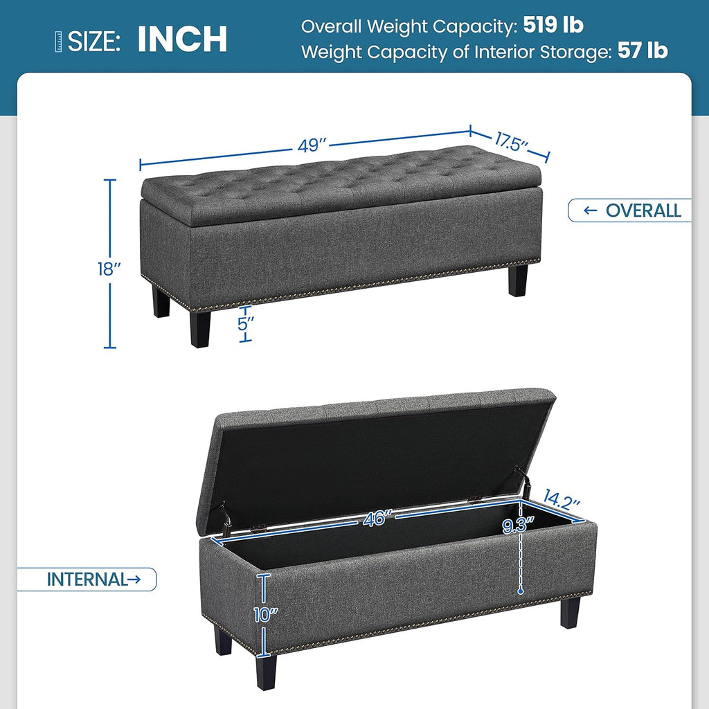Yaheetech 49in Square Storage Ottoman Coffee Table with Nailhead, Dark Gray | Button-Tufted Linen-Look Fabric Bench, 3.5C Storage Space, Wood Legs, Metal Hinges, for Bedroom Foot of Bed Living Room
