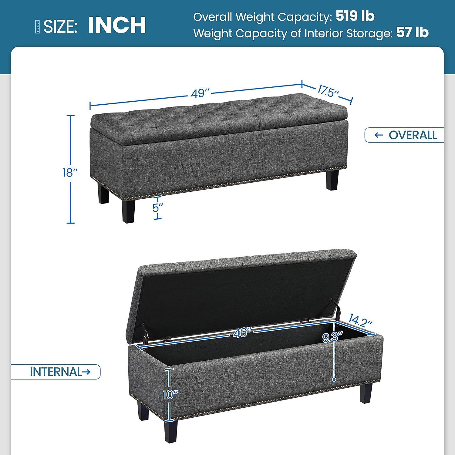 Yaheetech 49in Square Storage Ottoman Coffee Table with Nailhead, Dark Gray | Button-Tufted Linen-Look Fabric Bench, 3.5C Storage Space, Wood Legs, Metal Hinges, for Bedroom Foot of Bed Living Room