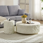 Round Side Table End Table for Living Room, Modern Contemporary Faux Stone Style Fiberglass Material, No Assembly (Beige, ø15.7'' x 17.7'')