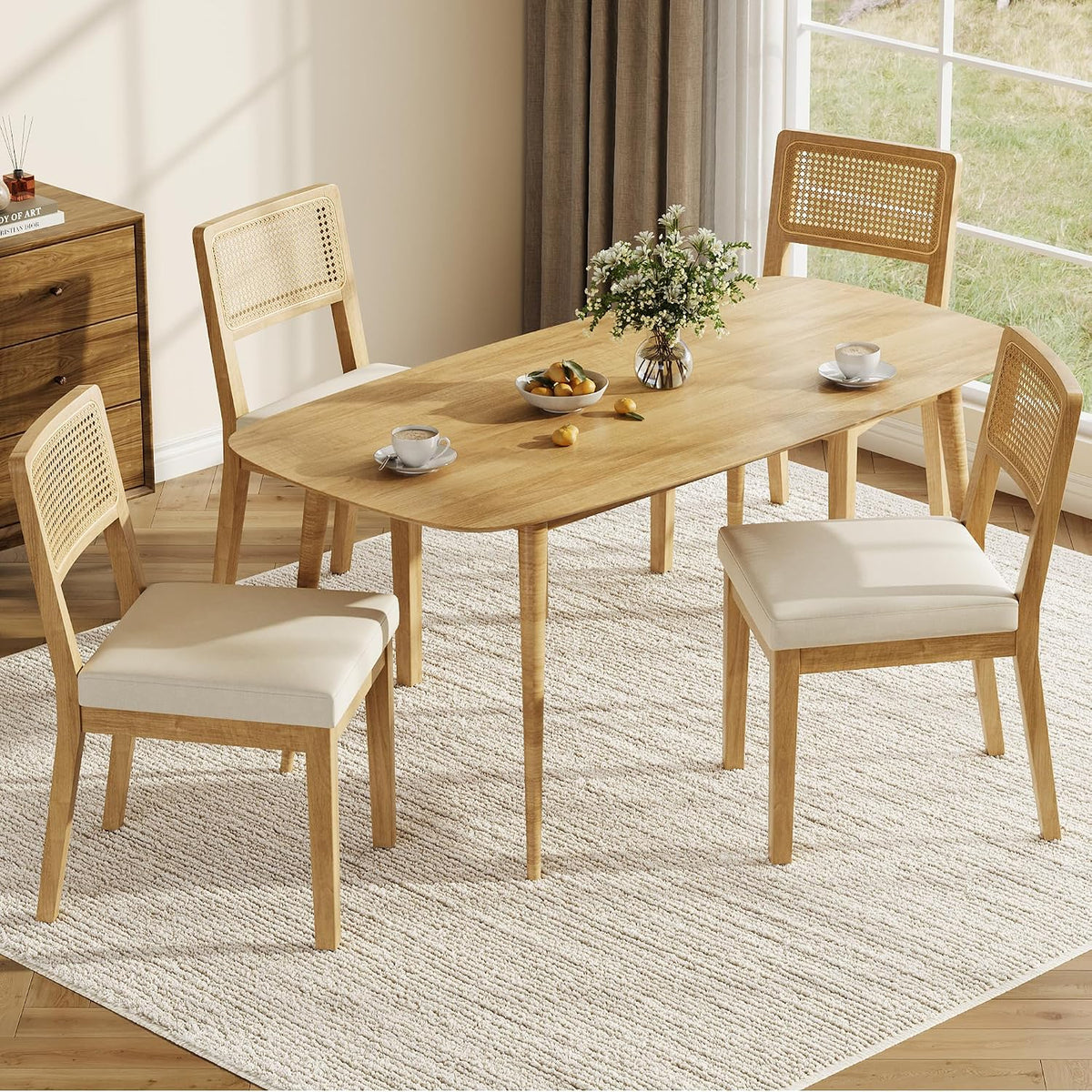 Garvee Rattan Dining Chairs Set of 4, French Country Upholstered Dining Chairs Wood Frame, Rattan Backrest, Armless Chair for Kitchen Restaurant Dining Room Bedroom, Linen, Natural