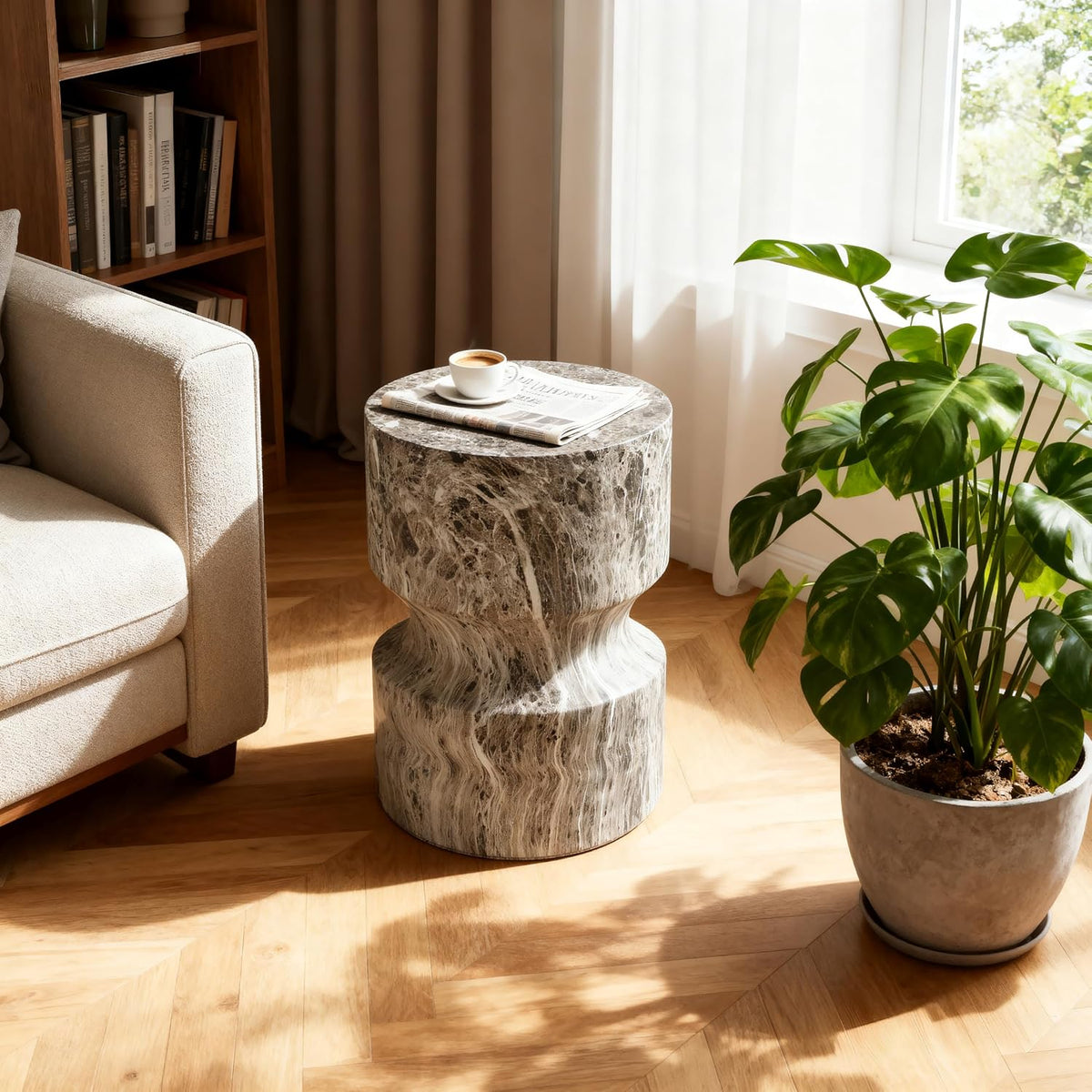 Modern End Table Cylindrical Side Table for Living Room,Farmhouse Nightstand with Faux Marble Texture and Magnesium Oxide Material for Small Space Living Room, Bedroom