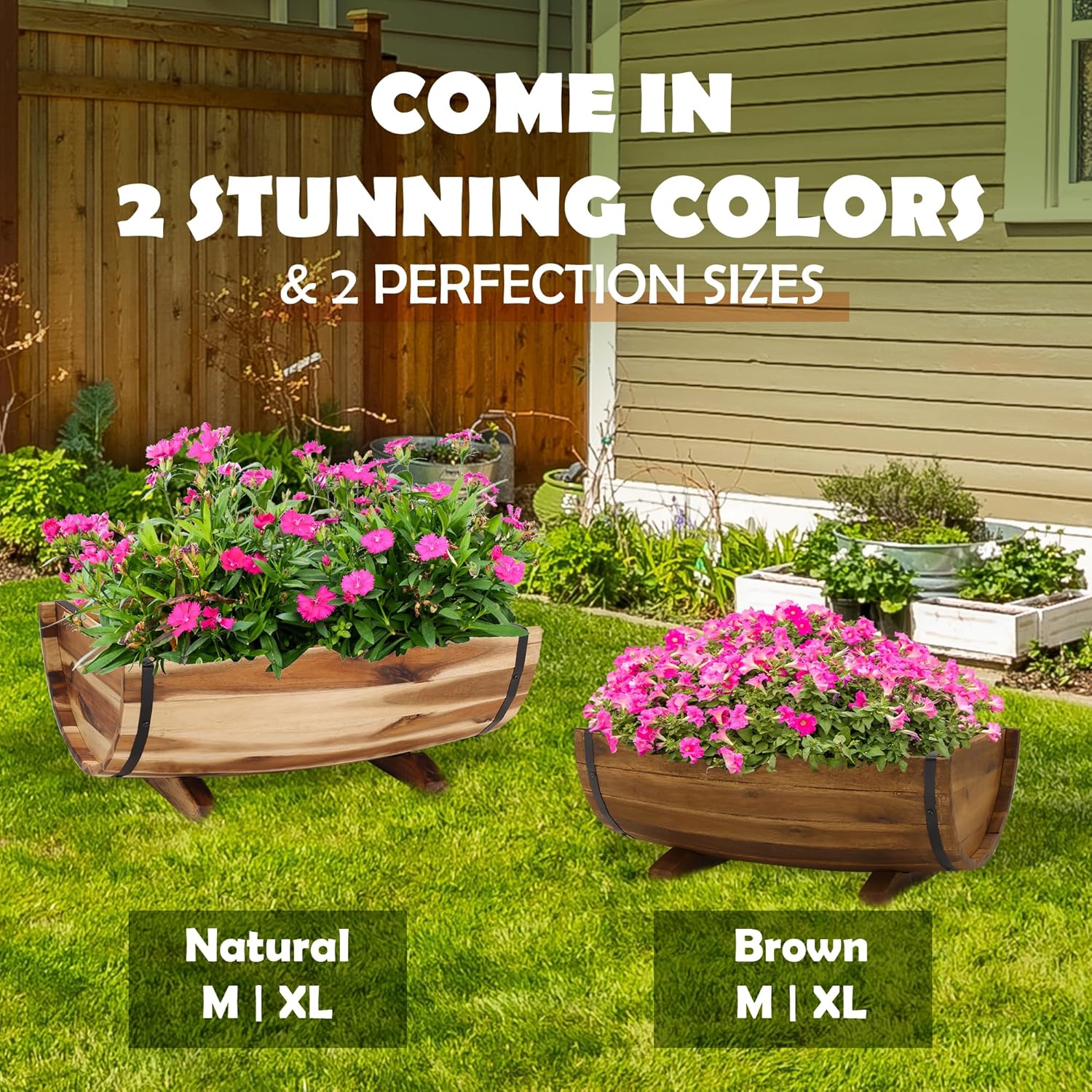 IDZO Solid Acacia Wood Half Barrel Planters Outdoor Set of 2 Different Sizes, Wooden Planters for Outdoor Plants with Metal Bands & Drainage Holes, Legs Included, Natural