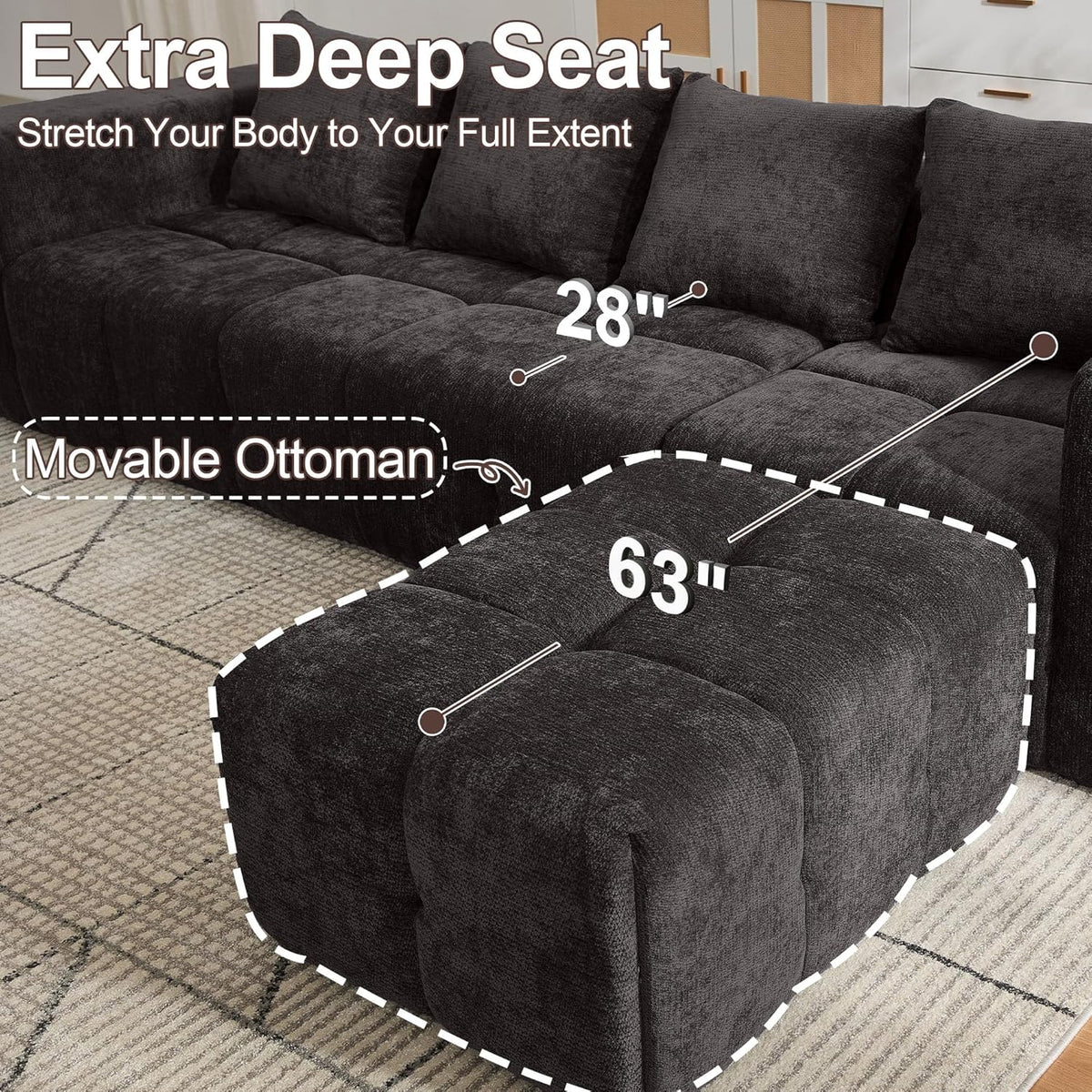 119" Couch, Cloud Sectional Couch with Deep Seat, High-Density Memory Foam and Chaise, Sectional L Shaped Sofa, Couches for Living Room, No Assembly Required Tufted Sofa, Dark Grey