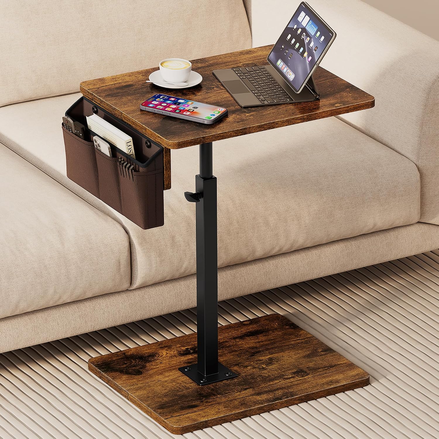 Vagusicc Sofa Armrest Tray Table for Couch, 360° Swivel Height Adjustable TV Tray Table for Small Spaces, Snack Side Table for Couch, Bed, Chair, C Shaped End Side Table for Eating, Reading, Laptop