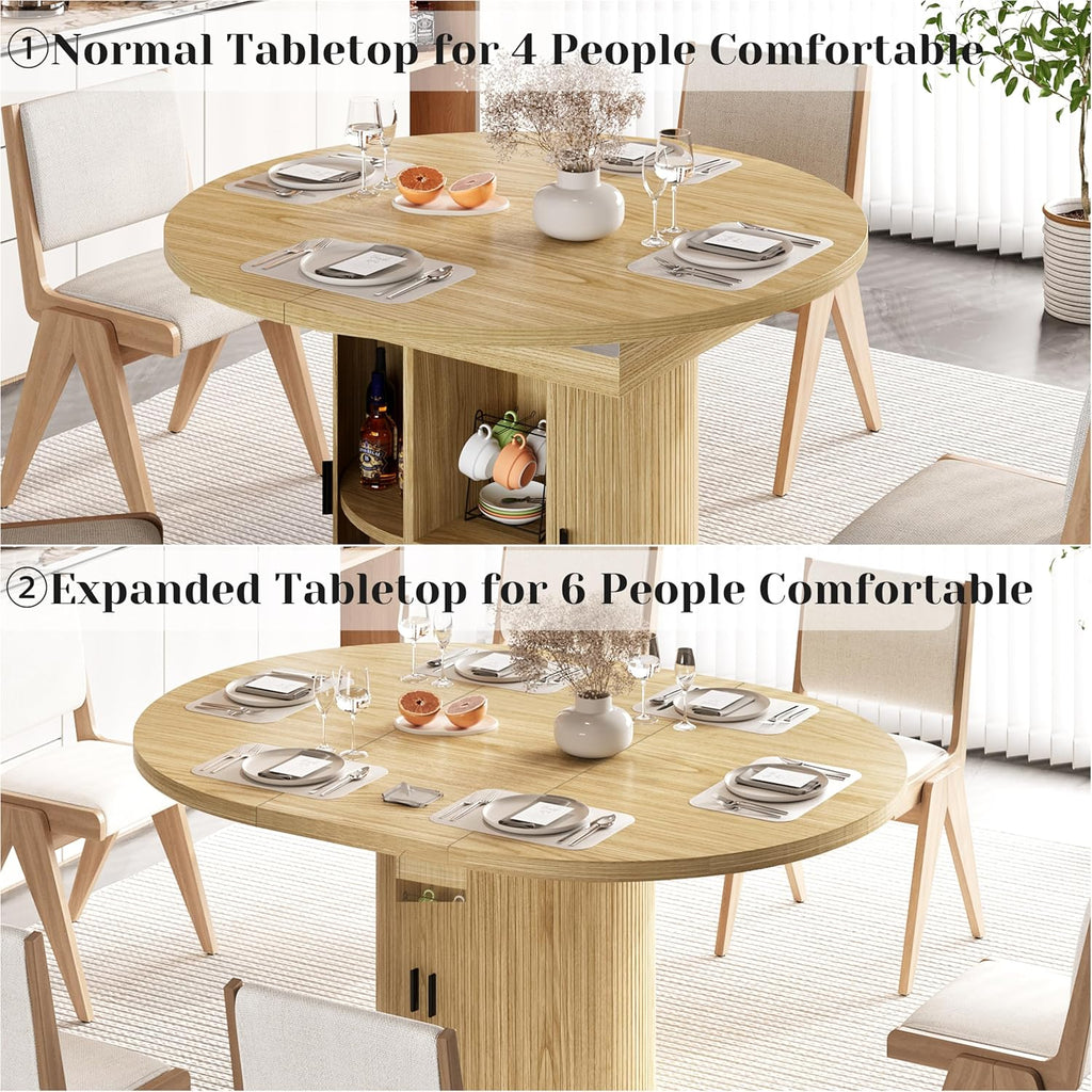 Vipbear Extendable Dining Table 43-59" for 4-6 People, Solid Wood Top with Fluted Slide Door & 8-Compartment Storage, Space Saving Round Dining Room Kitchen Dinner Tables Furniture with Pedestal Base