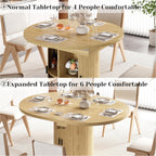 Vipbear Extendable Dining Table 43-59" for 4-6 People, Solid Wood Top with Fluted Slide Door & 8-Compartment Storage, Space Saving Round Dining Room Kitchen Dinner Tables Furniture with Pedestal Base