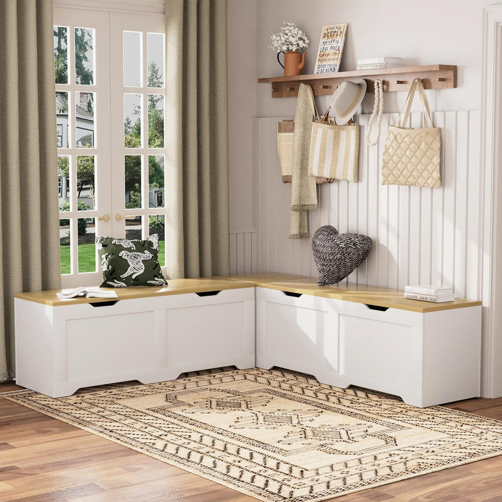 3-Piece L-Shape Storage Bench Set with Cushion, Kitchen Dining Nook Bench with Hidden Storage for Dining Room, Entryway,Backless Corner Dining Bench (White)