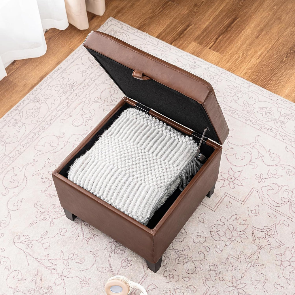 Asense 17 Inch Storage Ottoman Foot Rest,Square Faux Leather Foot Stool,Small Ottoman with Storage,Padded Seat for Entryway,Living Room,Bedroom,Couch,Under Desk,Coffee