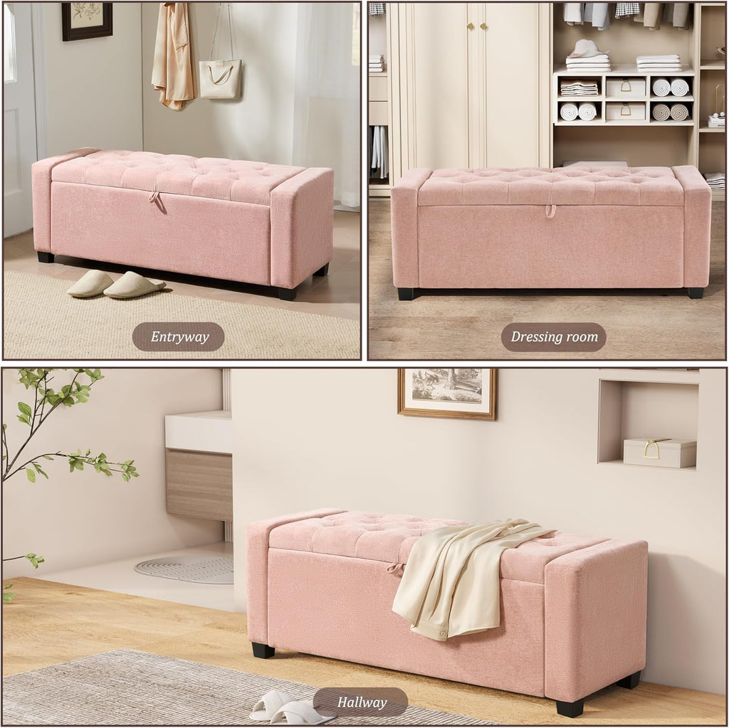 Royal Windsor Ottoman with Storage,Tufted Storage Bench with Safety Hinge,Holds up to 350 lb,Upholstered Bench with Seating for Bedroom, Living Room,Entryway,Pink