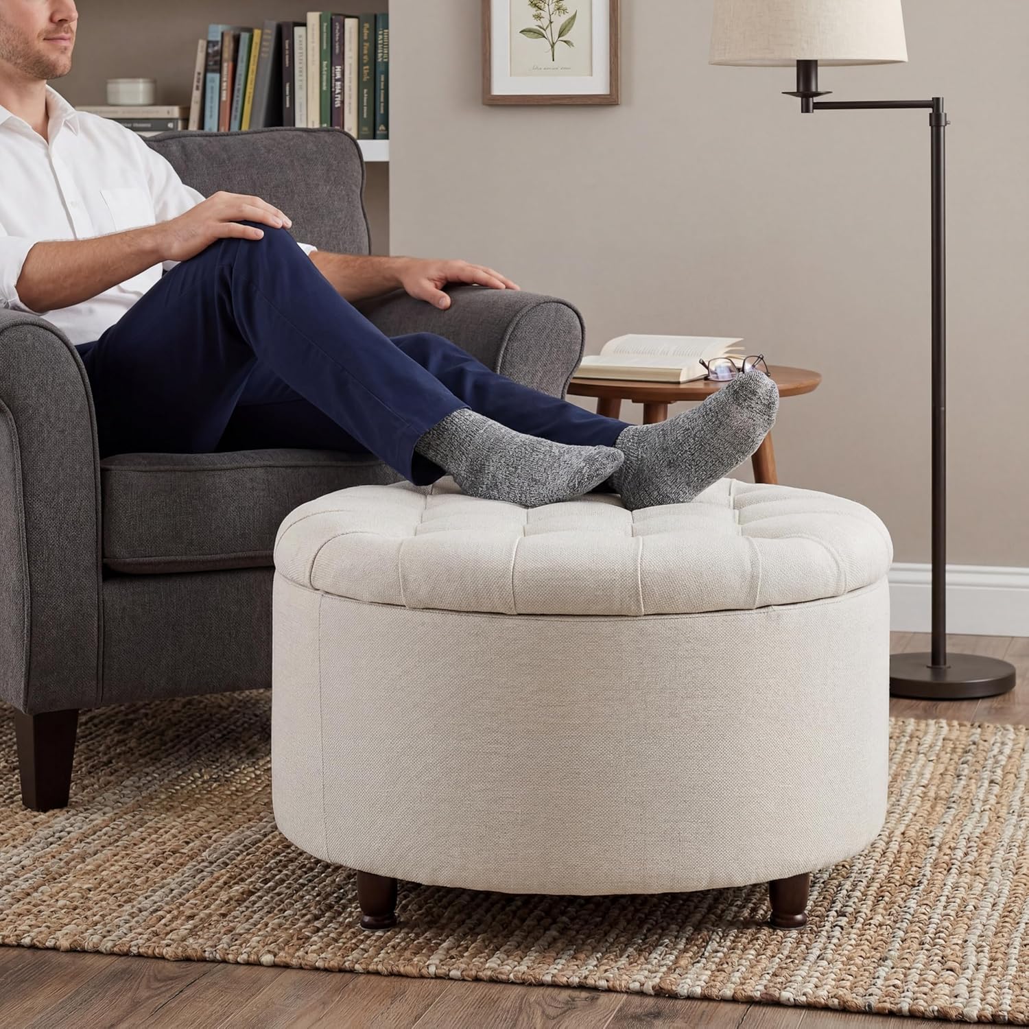 28" Round Storage Ottoman, Tufted Coffee Table for Living Room,Beige | Chenille Upholstered Footrest with Removable-Top & Wood Leg Large Footstool