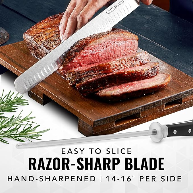 Cutluxe BBQ Knife Carving Set – 12" Brisket Knife & 10" Honing Rod, Butcher Knife Set for Meat Cutting – Ultra Sharp German Steel, Ergonomic Pakkawood Handles – Artisan Series