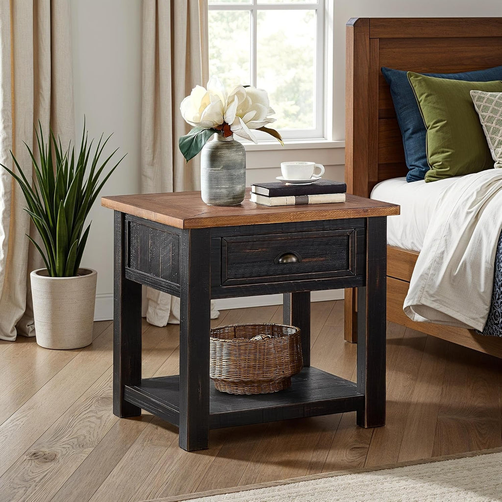 Monterey Farmhouse Rustic End Table, Solid Pine Wood Coastal Side Table with Drawer and Shelf. Black and Honey.