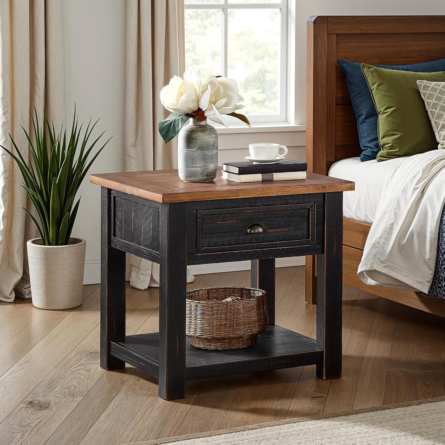 Monterey Farmhouse Rustic End Table, Solid Pine Wood Coastal Side Table with Drawer and Shelf. Black and Honey.