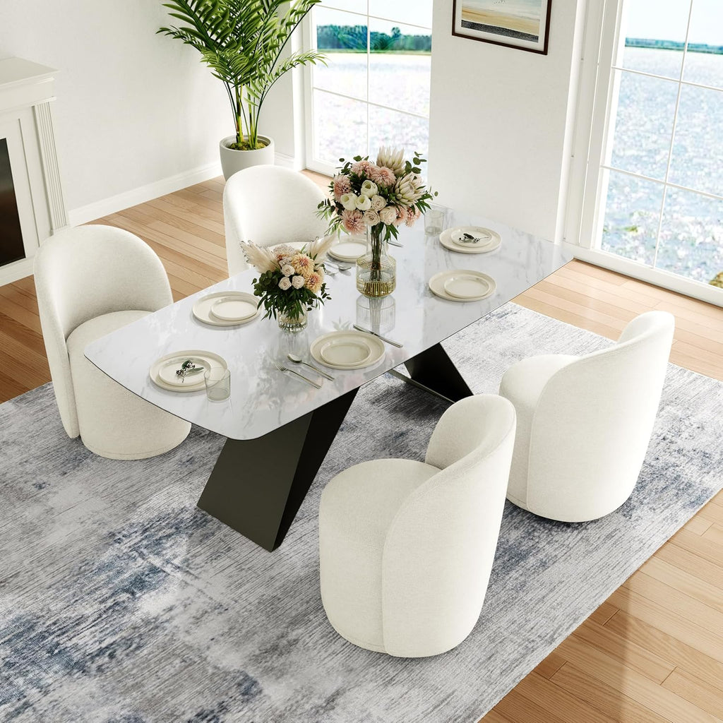 Swivel Barrel Dining Chairs, Upholstered Modern Accent Chair for Living Room, Bedroom, Makeup Vanity, Dining Room, Kitchen (Swivel Fabric Cream White, Set of 6)