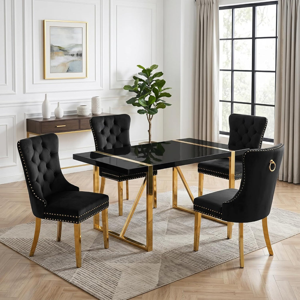 Black Dining Table Set for 4, 55" Black Glossy Top with Gold Metal Legs, Modern Dining Table Set for 4 & Velvet Tufted Chair with Gold Nailhead Trim, Luxry Kitchen Table Set Ideal for Dining Room,APT