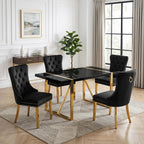 Black Dining Table Set for 4, 55" Black Glossy Top with Gold Metal Legs, Modern Dining Table Set for 4 & Velvet Tufted Chair with Gold Nailhead Trim, Luxry Kitchen Table Set Ideal for Dining Room,APT