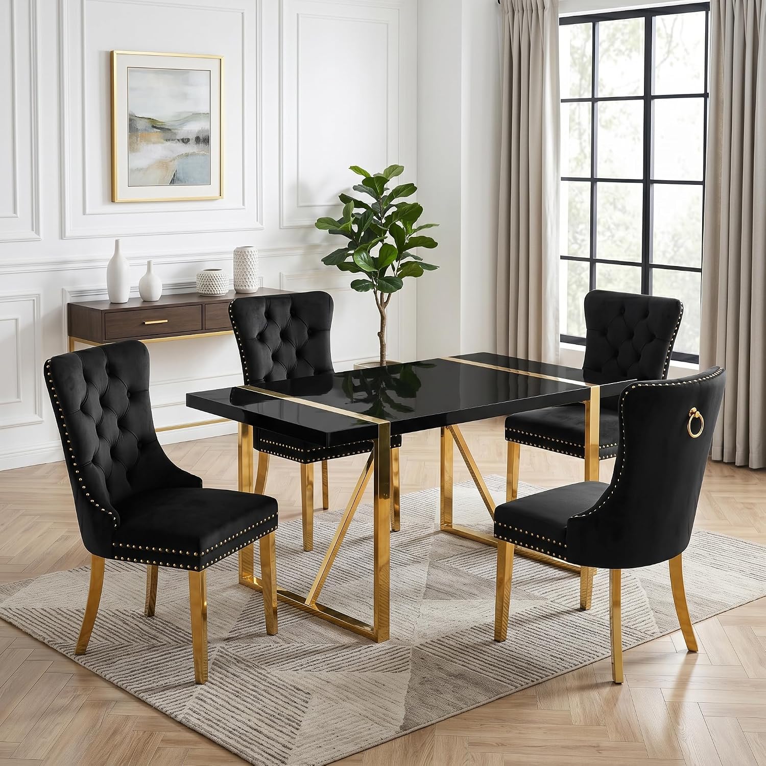 Black Dining Table Set for 4, 55" Black Glossy Top with Gold Metal Legs, Modern Dining Table Set for 4 & Velvet Tufted Chair with Gold Nailhead Trim, Luxry Kitchen Table Set Ideal for Dining Room,APT