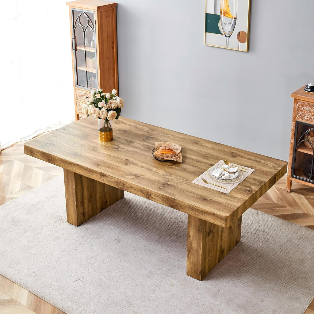gopop Rustic Modern 79" Rectangular Dining Table, Solid Wood Farmhouse Kitchen Table with Sturdy Legs, Wooden Dining Room Table for 6–10 People