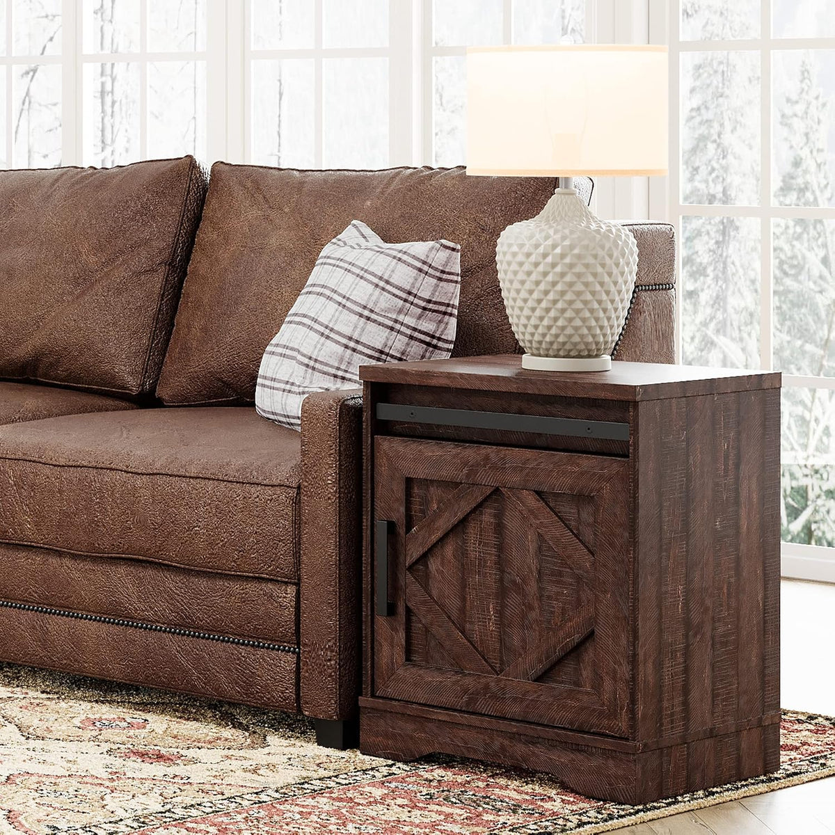 WAMPAT 24.3" H Storage Cube,Rustic End Table with Drawers and Adjustable Storage Shelves, Wood Side Table with Barn Doors for Living Room,Bedroom,Dark Walnut Brown