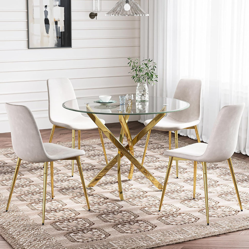 Glass Dining Table Set for 4 with Chairs, Modern 5 Piece Dining Room Set with 36" Round Tempered Glass Table & 4 Velvet Chairs for Kitchen, Apartment, Home (Gold+White)