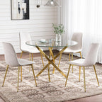 Glass Dining Table Set for 4 with Chairs, Modern 5 Piece Dining Room Set with 36" Round Tempered Glass Table & 4 Velvet Chairs for Kitchen, Apartment, Home (Gold+White)