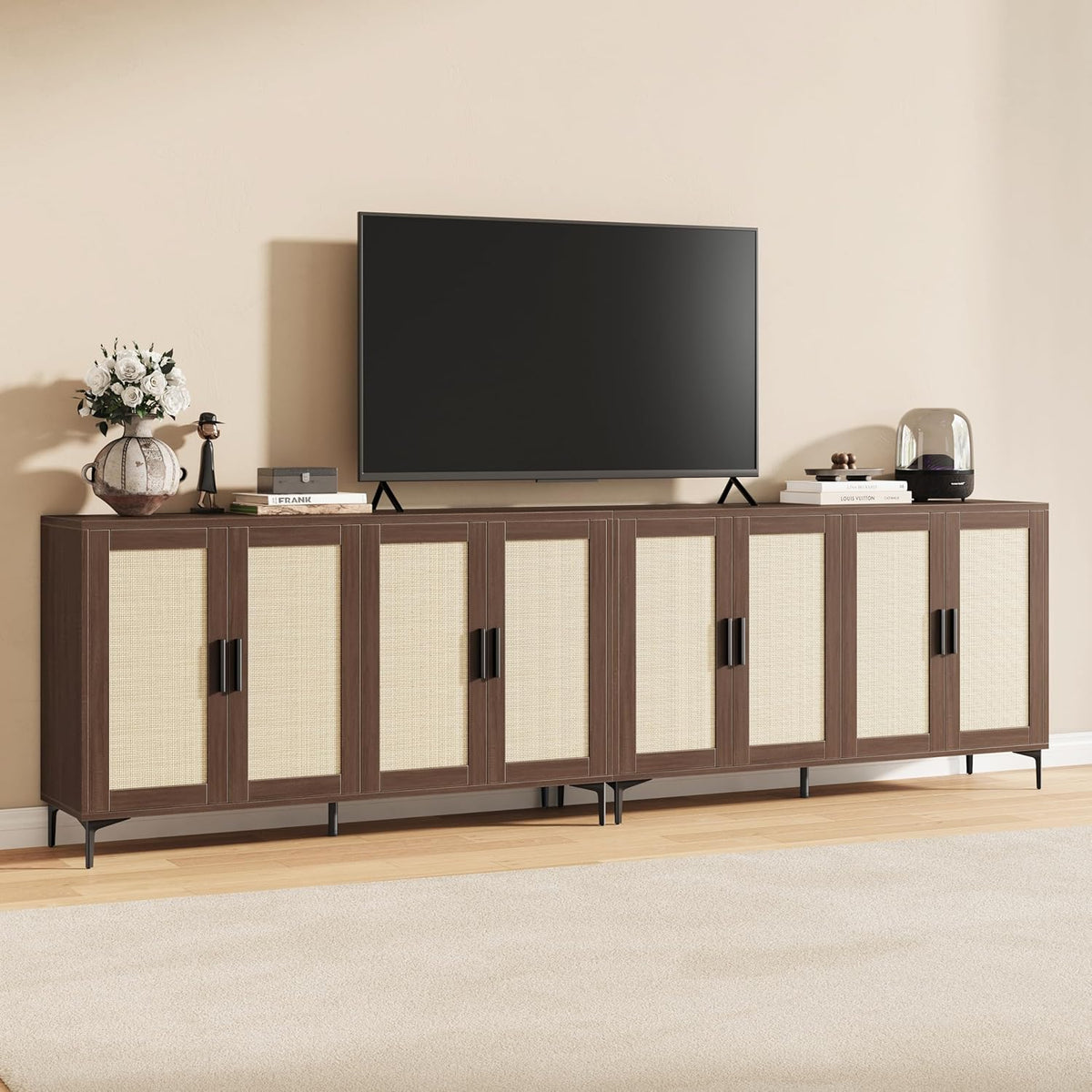 JASIWAY Buffet Cabinet with Storage, 48" Rattan Sideboard with Adjustable Shelves, Modern Coffee Bar Cabinet Console Table with Doors, Credenza for Kitchen, Living Room, Entryway, Dining Room, Walnut