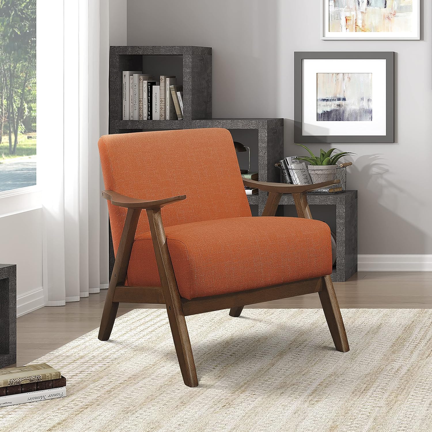 Lexicon Mid Century Modern Accent Chair with Solid Wood Frame in Walnut Finish, Upholstered Living Room Lounge Arm Chair, Thick and Comfy Innerspring Seat Cushion, Linen-Look Fabric, Orange