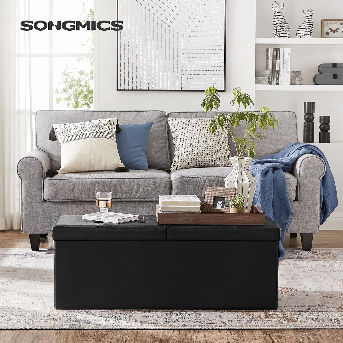SONGMICS 43.3 Inches Folding Storage Ottoman Bench with Flipping Lid | Storage Chest Footrest Padded Seat, Iron Frame Support, Ink Black, MINOTA Collection ULSF75BK