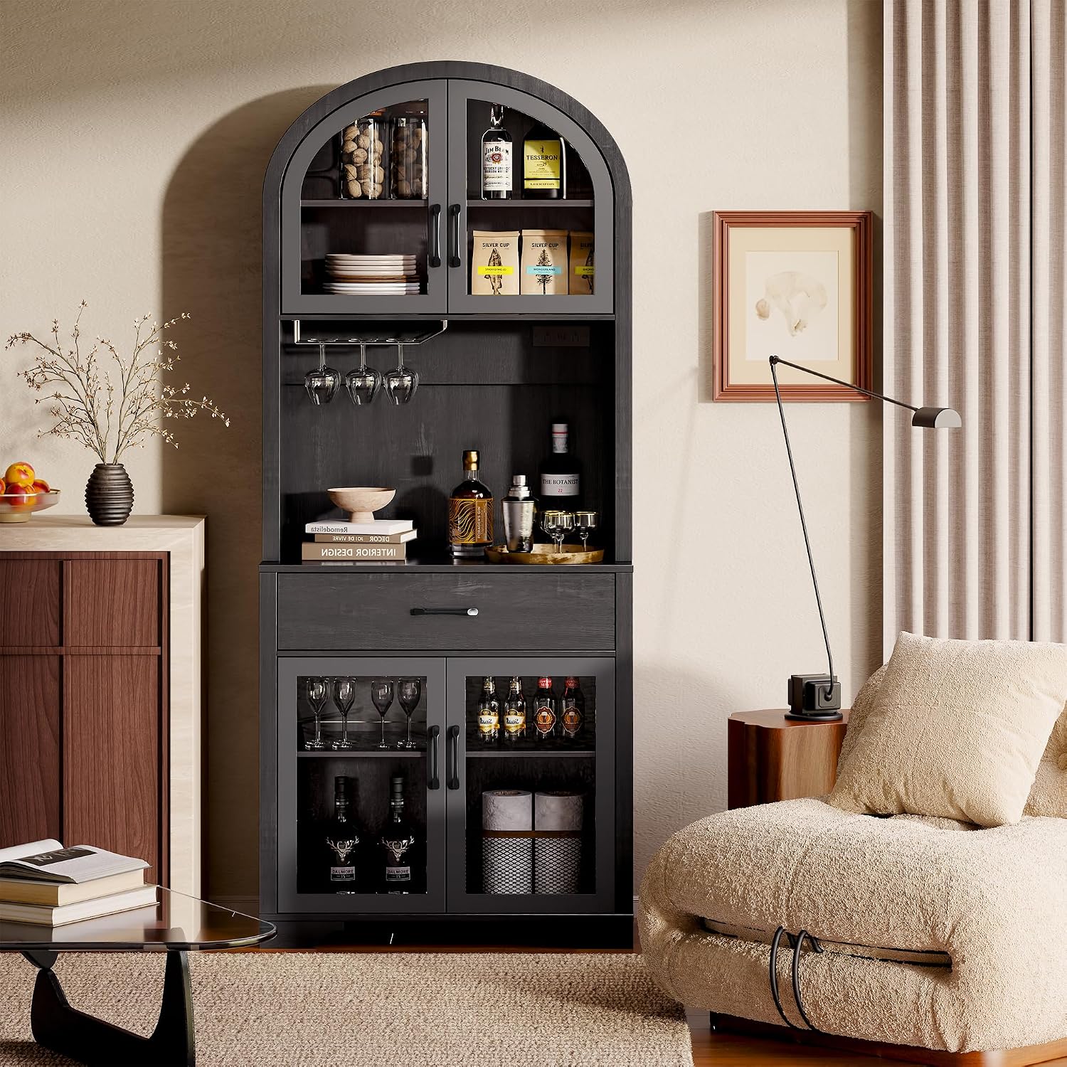 Arched Kitchen Pantry Storage Cabinet, Black Wooden Coffee Bar Cabinet with Drawers, Kitchen Hutch Dining Room Storage Cabinet with Charging Station and LED Light, Kitchen Hutch with Countertop