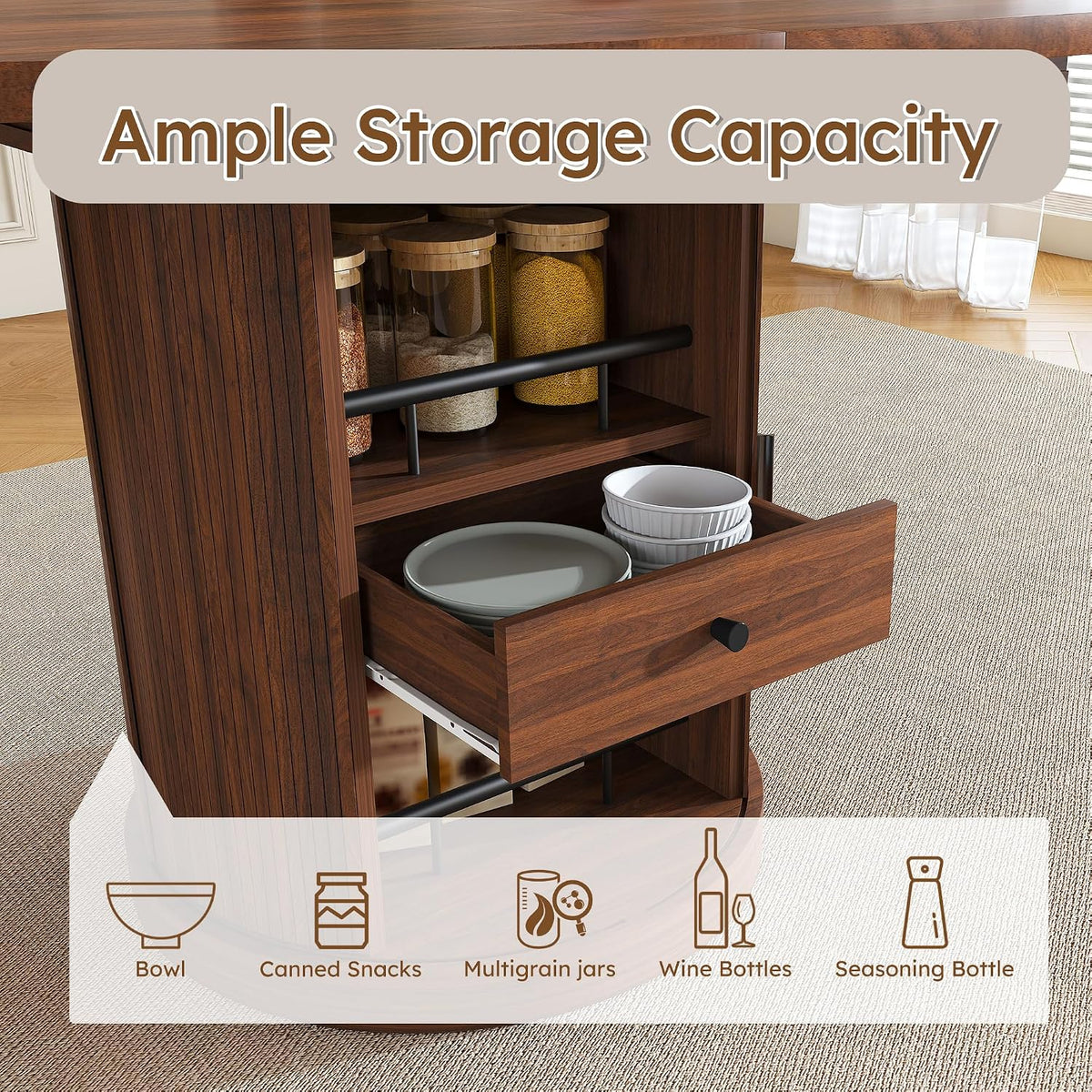 Round Extendable Dining Room Table for 4 6, 47"-59" Oval Expandable Kitchen Table w/Storage Shelf and Drawer, Farmhouse Walnut Space Saving Wood Dinner Tables with Fluted Pedestal Base