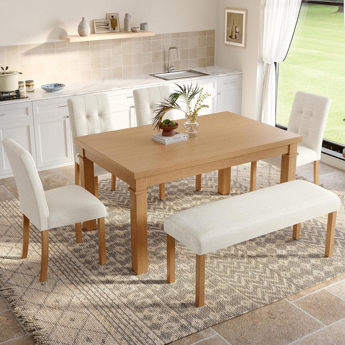 Merax 6-Piece Dining Set, Rectangle Kitchen Table with 4 Upholstered Chairs & Bench, Ideal for Dining Room and Living Room, Natural