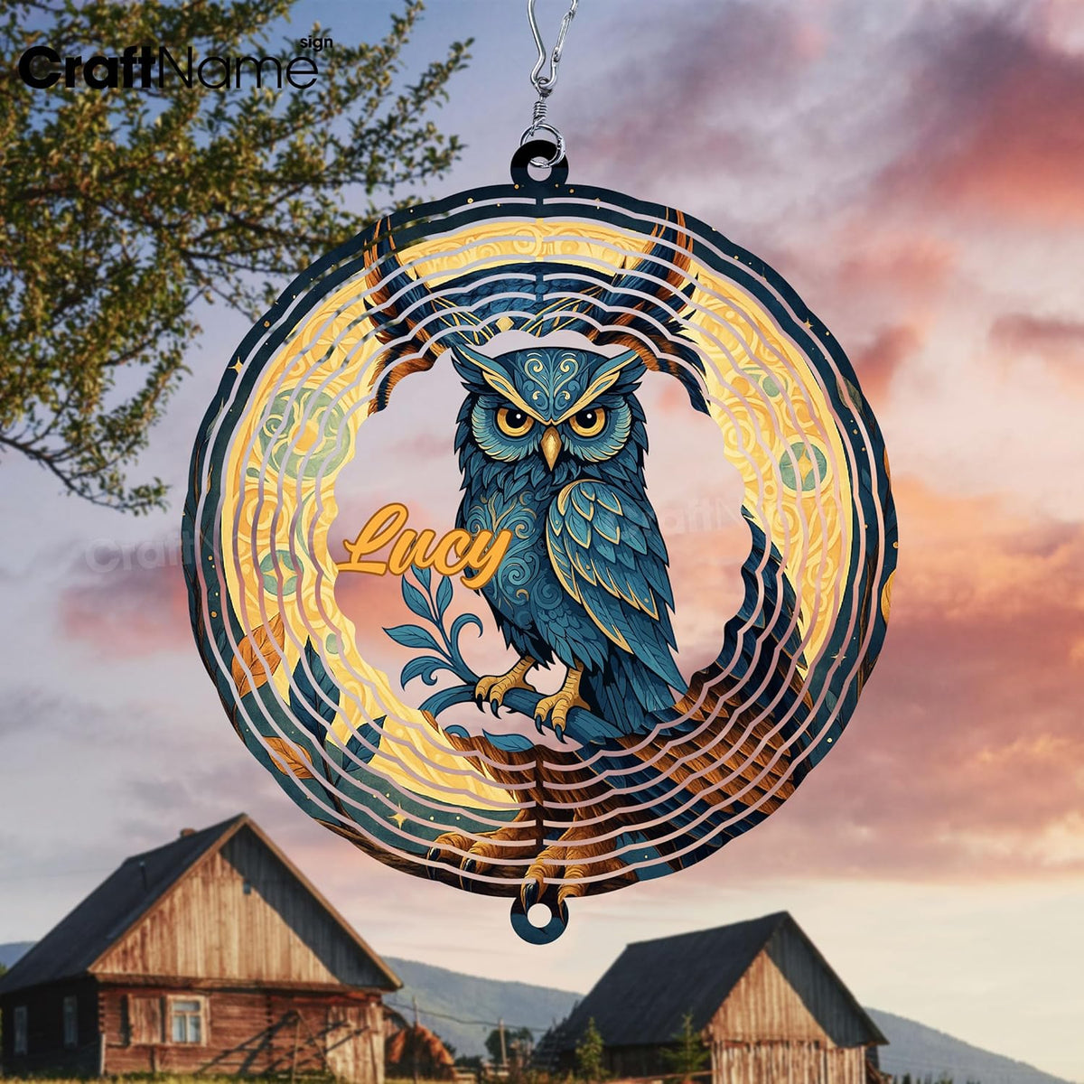 Personalized Owl Wind Spinner 3D Stainless Steel, Owl Garden Spinner Hanging Outdoor Decor, Wind Spinners Outdoor, Custom Gift for Grandmother, Mom, Wife