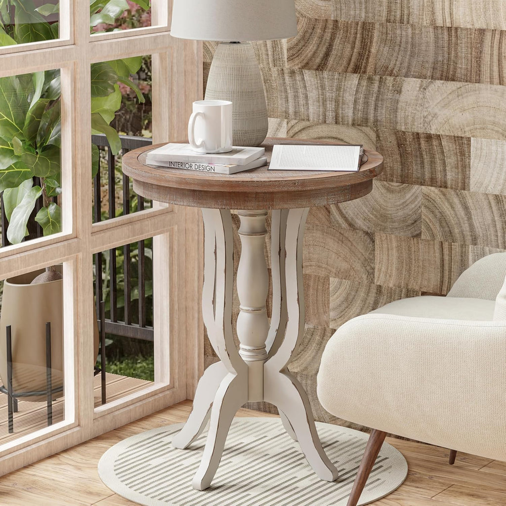 Farmhouse Accent End Table, Rustic Side Table with Natural Top for Family, Dining or Living Room, Handcrafted Finish, White